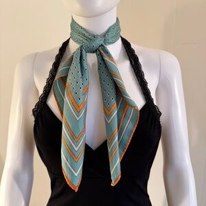 Ann Klein Silk Square Scarf Dusty Turquoise and Coral Dots and Stripes